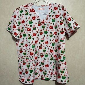Elite Med Performance Red Green Christmas Hot Chocolate Scrub Top